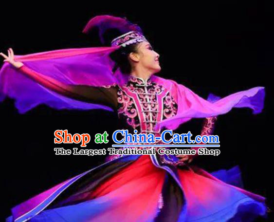 Chinese Uyghur Nationality Woman Dance Clothing Traditional Xinjiang Ethnic Stage Performance Rosy Dress Outfits Uighur Minority Dance Apparels