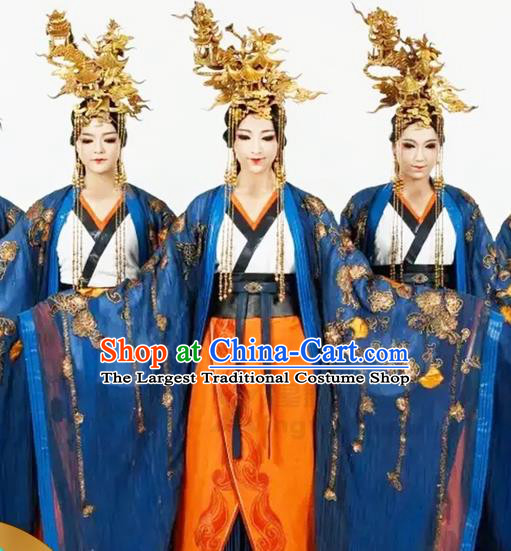 China Woman Group Dance Garment Costumes Hanfu Dance Uniforms Stage Performance Blue Dress Classical Dance Clothing