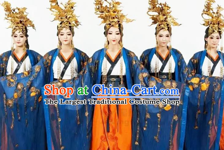 China Woman Group Dance Garment Costumes Hanfu Dance Uniforms Stage Performance Blue Dress Classical Dance Clothing