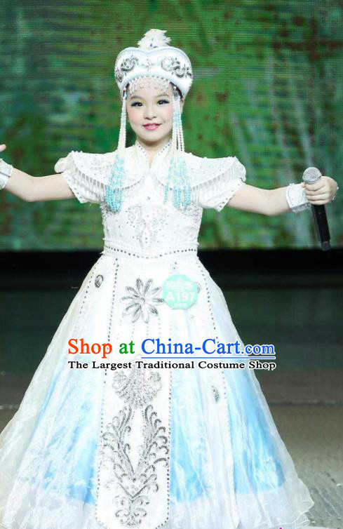Chinese Mongol Minority Folk Dance Apparels Mongolian Nationality Girl Clothing Traditional Ethnic Stage Performance White Dress Outfits
