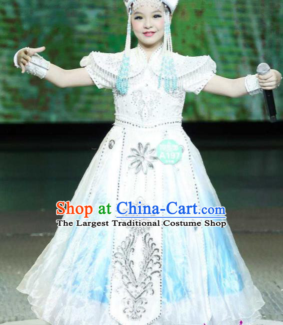 Chinese Mongol Minority Folk Dance Apparels Mongolian Nationality Girl Clothing Traditional Ethnic Stage Performance White Dress Outfits