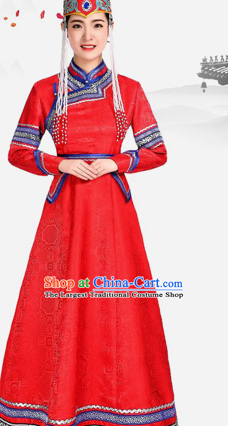China Ethnic Red Brocade Dress Mongol Minority Fashion Woman Folk Dance Clothing Mongolian Nationality Performance Costume