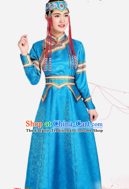 China Woman Folk Dance Clothing Mongolian Nationality Performance Costume Ethnic Light Blue Brocade Dress Mongol Minority Fashion
