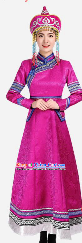 China Mongol Minority Dance Fashion Folk Dance Clothing Mongolian Nationality Woman Informal Costume Ethnic Performance Purple Brocade Dress