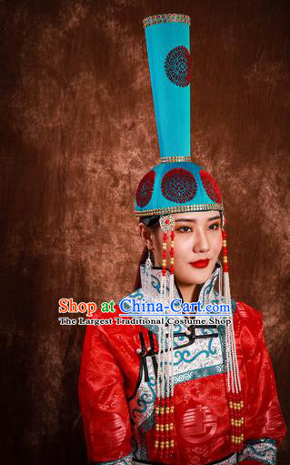 China Mongol Nationality Festival Headwear Handmade Ethnic Wedding Bride Blue Hat Mongolian Nationality Performance Headdress