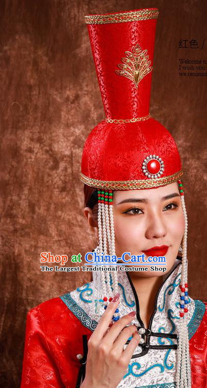 China Handmade Ethnic Wedding Bride Tassel Red Hat Mongolian Nationality Performance Headdress Mongol Nationality Festival Headwear