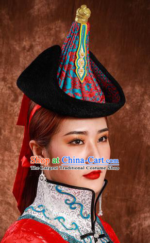 China Mongolian Nationality Performance Headdress Mongol Nationality Folk Dance Headwear Handmade Ethnic Woman Winter Red Hat