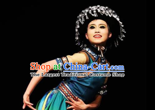 Chinese Traditional Yunnan Ethnic Green Dress Outfits Lisu Minority Stage Performance Apparels Dai Nationality Country Woman Dance Clothing