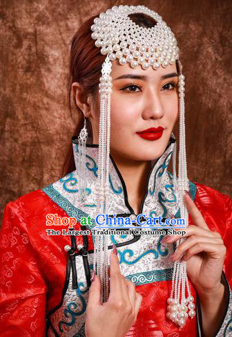 China Handmade Ethnic Woman Beads Tassel Hat Mongolian Nationality Bride Hair Crown Mongol Nationality Folk Dance Hair Accessories
