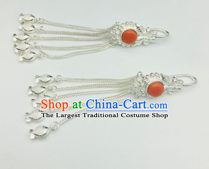 Chinese Traditional Tibetan Nationality Silver Tassel Earrings Zang Minority Festival Ear Jewelry Classical Dance Ear Accessories