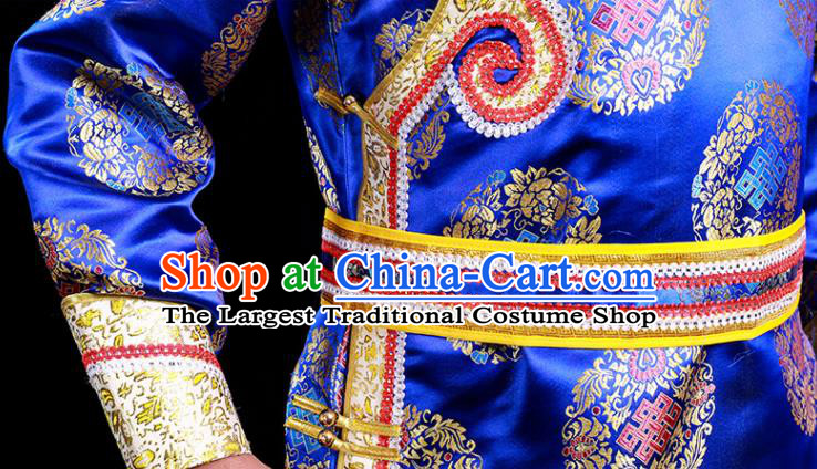 Chinese Mongol Minority Male Apparels Ethnic Festival Dance Clothing Traditional Royalblue Brocade Mongolian Robe