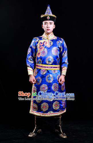 Chinese Mongol Minority Male Apparels Ethnic Festival Dance Clothing Traditional Royalblue Brocade Mongolian Robe