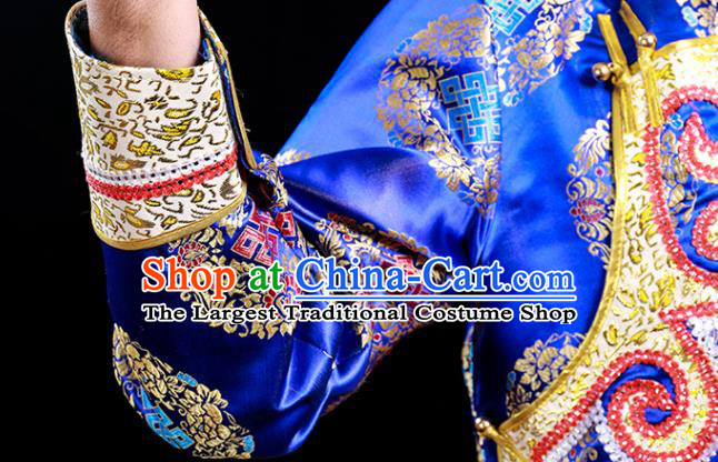 Chinese Mongol Minority Male Apparels Ethnic Festival Dance Clothing Traditional Royalblue Brocade Mongolian Robe