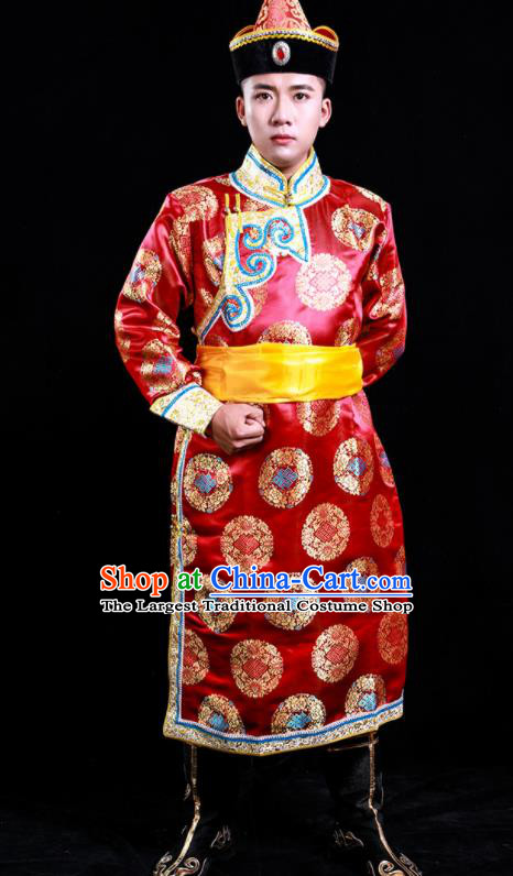 Chinese Traditional Red Brocade Mongolian Robe Mongol Minority Male Apparels Ethnic Festival Dance Clothing