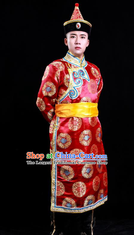 Chinese Traditional Red Brocade Mongolian Robe Mongol Minority Male Apparels Ethnic Festival Dance Clothing