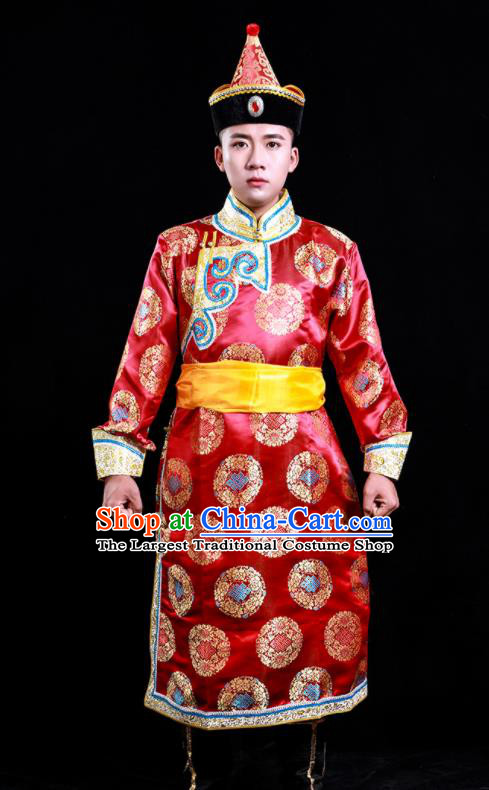 Chinese Traditional Red Brocade Mongolian Robe Mongol Minority Male Apparels Ethnic Festival Dance Clothing