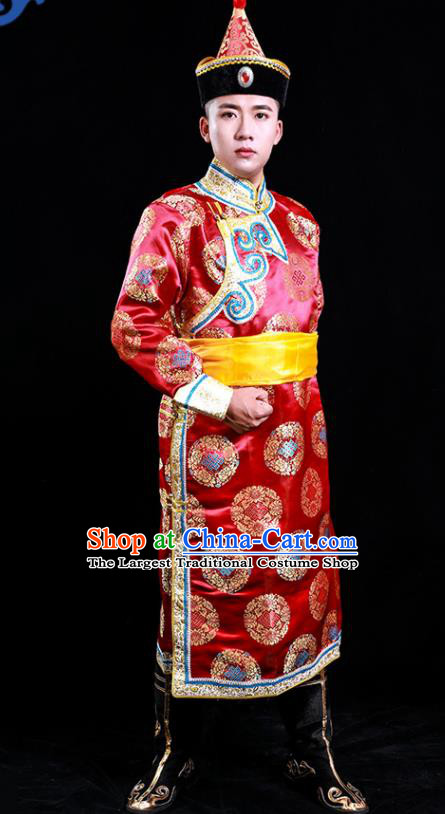 Chinese Traditional Red Brocade Mongolian Robe Mongol Minority Male Apparels Ethnic Festival Dance Clothing