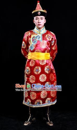 Chinese Traditional Red Brocade Mongolian Robe Mongol Minority Male Apparels Ethnic Festival Dance Clothing