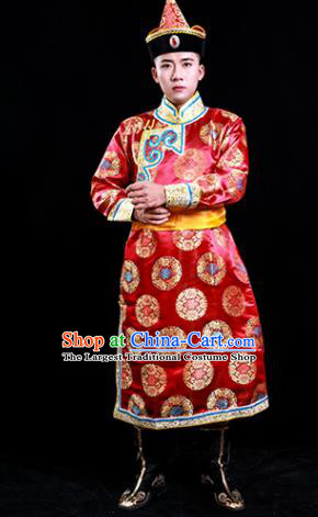 Chinese Traditional Red Brocade Mongolian Robe Mongol Minority Male Apparels Ethnic Festival Dance Clothing