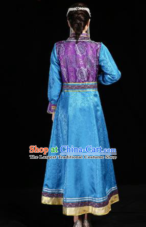 China Folk Dance Clothing Mongolian Nationality Woman Informal Costume Ethnic Performance Blue Dress Mongol Minority Compere Fashion