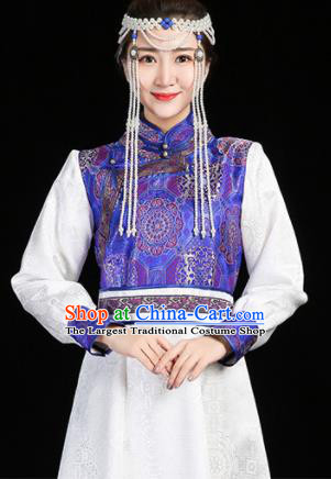 China Mongol Minority Woman Dance Fashion Stage Performance Clothing Mongolian Nationality Informal Costume Ethnic White Brocade Dress