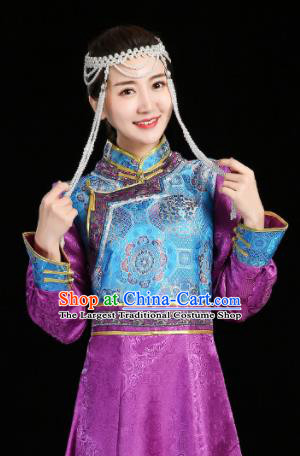 China Ethnic Purple Brocade Dress Mongol Minority Woman Dance Fashion Stage Performance Clothing Mongolian Nationality Informal Costume