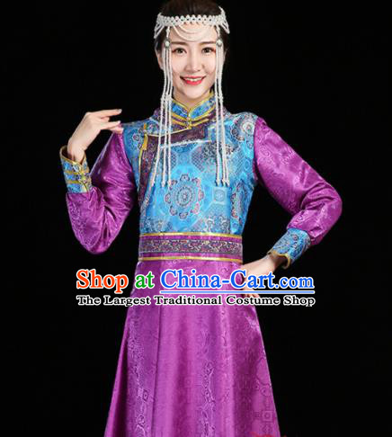China Ethnic Purple Brocade Dress Mongol Minority Woman Dance Fashion Stage Performance Clothing Mongolian Nationality Informal Costume