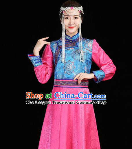 China Mongolian Nationality Informal Costume Ethnic Pink Brocade Dress Mongol Minority Woman Dance Fashion Stage Performance Clothing