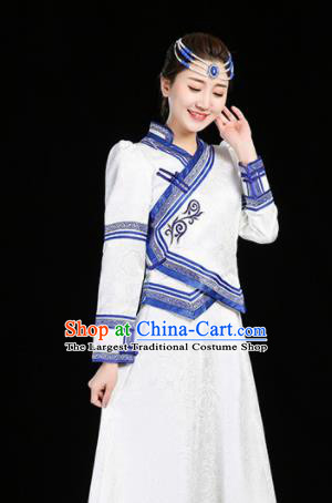 China Mongolian Performance Clothing Moggol Nationality Female Informal Costume Ethnic Folk Dance White Dress Mongol Minority Fashion