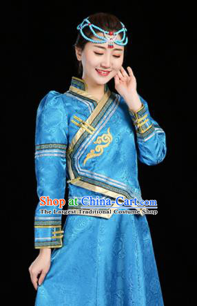 China Moggol Nationality Female Informal Costume Ethnic Folk Dance Blue Dress Mongol Minority Fashion Mongolian Performance Clothing