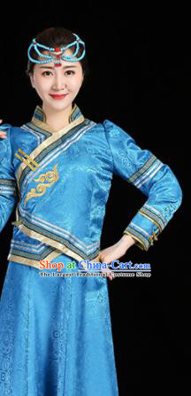 China Moggol Nationality Female Informal Costume Ethnic Folk Dance Blue Dress Mongol Minority Fashion Mongolian Performance Clothing