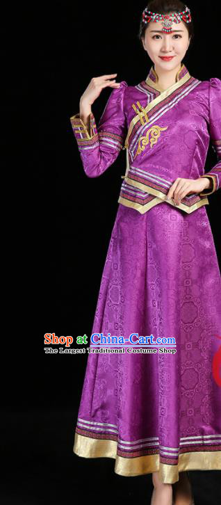 China Mongolian Compere Clothing Moggol Nationality Woman Informal Costume Ethnic Performance Purple Dress Mongol Minority Two Pieces Suits