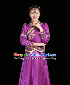 China Mongolian Compere Clothing Moggol Nationality Woman Informal Costume Ethnic Performance Purple Dress Mongol Minority Two Pieces Suits