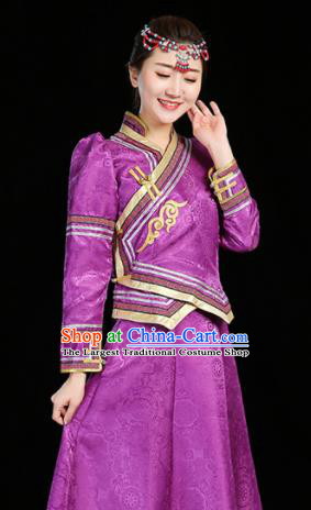 China Mongolian Compere Clothing Moggol Nationality Woman Informal Costume Ethnic Performance Purple Dress Mongol Minority Two Pieces Suits