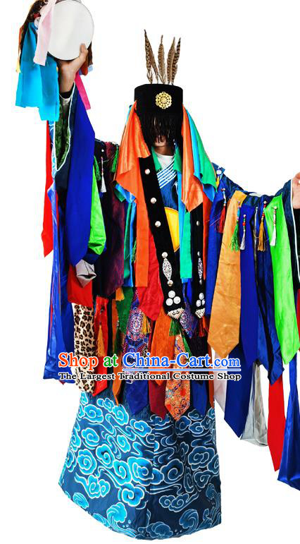 Chinese Traditional Cosplay Shaman Wizard Deep Blue Robe Mongol Minority Ceremony Performance Apparels Mongolian Ethnic Religious Rites Clothing and Headwear