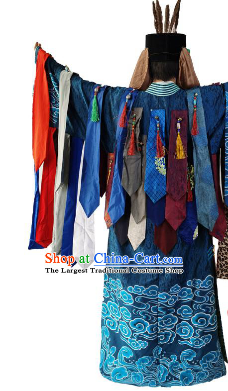 Chinese Traditional Cosplay Shaman Wizard Deep Blue Robe Mongol Minority Ceremony Performance Apparels Mongolian Ethnic Religious Rites Clothing and Headwear