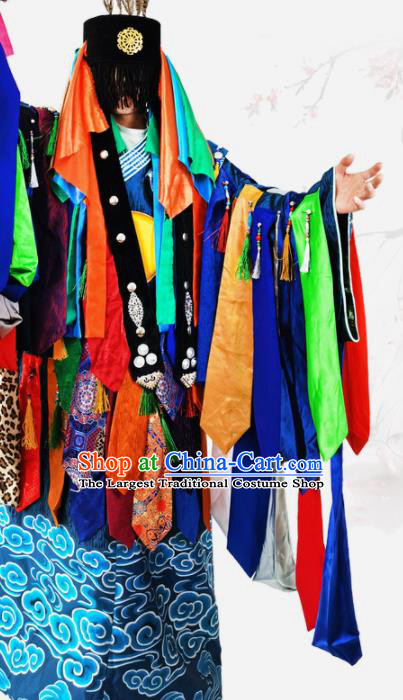 Chinese Traditional Cosplay Shaman Wizard Deep Blue Robe Mongol Minority Ceremony Performance Apparels Mongolian Ethnic Religious Rites Clothing and Headwear