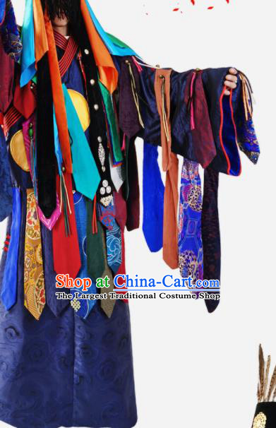 Chinese Mongol Minority Ceremony Performance Apparels Mongolian Ethnic Religious Rites Clothing Traditional Cosplay Shaman Wizard Navy Robe and Headdress