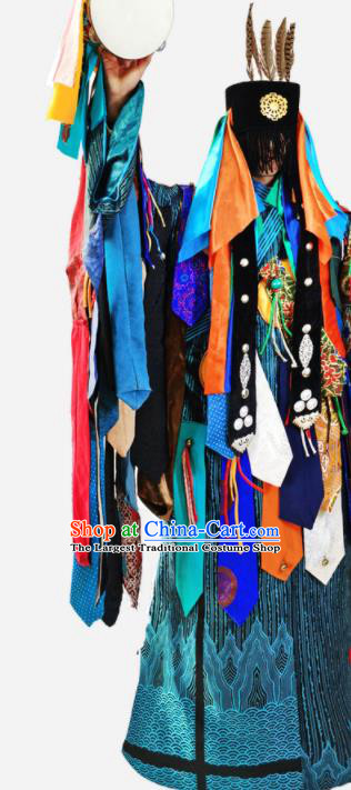 Chinese Traditional Shaman Performance Blue Robe Outfits Mongol Minority Religious Ceremony Apparels Mongolian Ethnic Fiesta Clothing and Headpieces