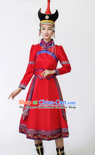 China Ethnic Folk Dance Red Dress Mongol Minority Female Outfits Mongolian Performance Clothing Moggol Nationality Ceremony Costume