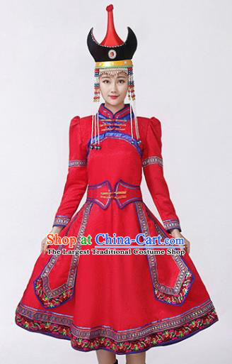 China Ethnic Folk Dance Red Dress Mongol Minority Female Outfits Mongolian Performance Clothing Moggol Nationality Ceremony Costume