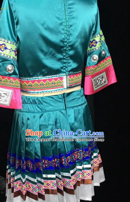 Chinese Ethnic Girl Dance Costumes Miao Nationality Stage Performance Green Dress Outfits Hmong Minority Children Folk Dance Clothing