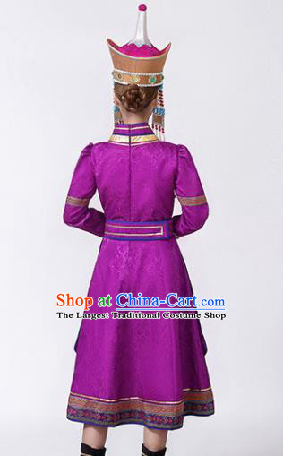China Mongol Minority Female Outfits Mongolian Performance Clothing Moggol Nationality Ceremony Costume Ethnic Folk Dance Purple Dress