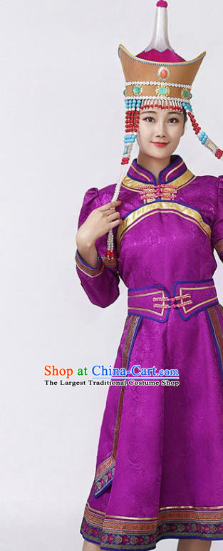 China Mongol Minority Female Outfits Mongolian Performance Clothing Moggol Nationality Ceremony Costume Ethnic Folk Dance Purple Dress