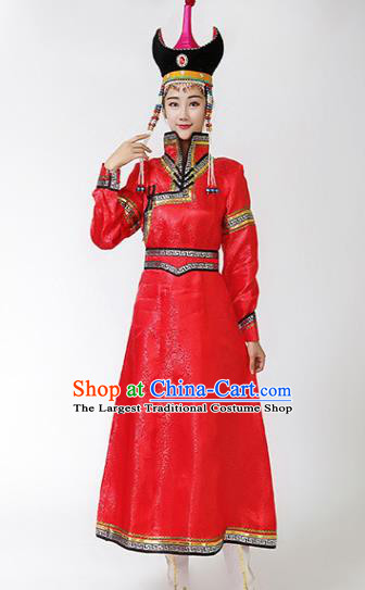 China Ethnic Wedding Bride Red Dress Mongol Minority Performance Outfits Mongolian Folk Dance Clothing Moggol Nationality Female Costume