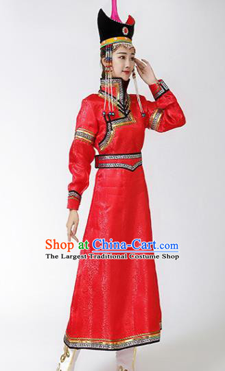 China Ethnic Wedding Bride Red Dress Mongol Minority Performance Outfits Mongolian Folk Dance Clothing Moggol Nationality Female Costume
