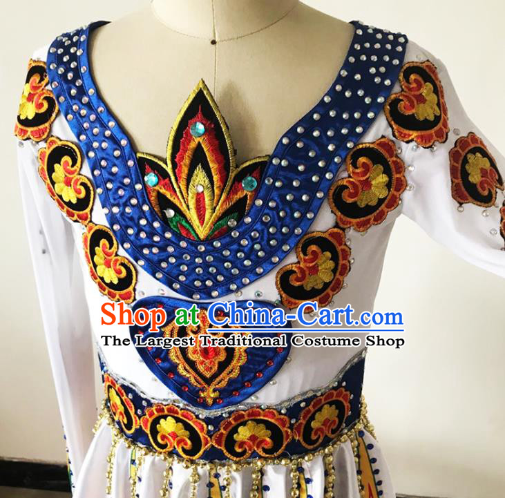 Chinese Xinjiang Ethnic Girl Dance Costumes Uyghur Nationality Stage Performance White Dress Outfits Uighur Minority Folk Dance Clothing