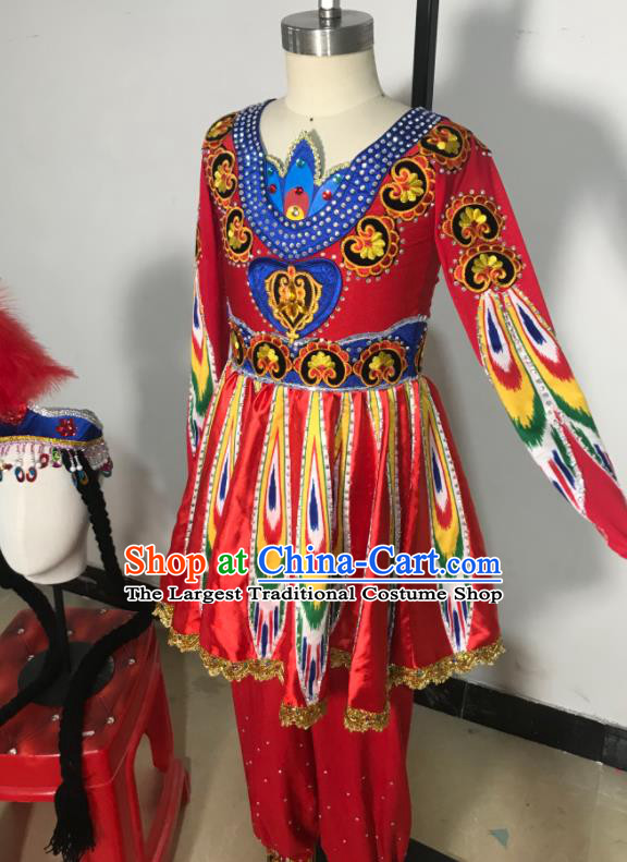 Chinese Uighur Minority Folk Dance Clothing Xinjiang Ethnic Girl Dance Costumes Uyghur Nationality Stage Performance Red Dress Outfits
