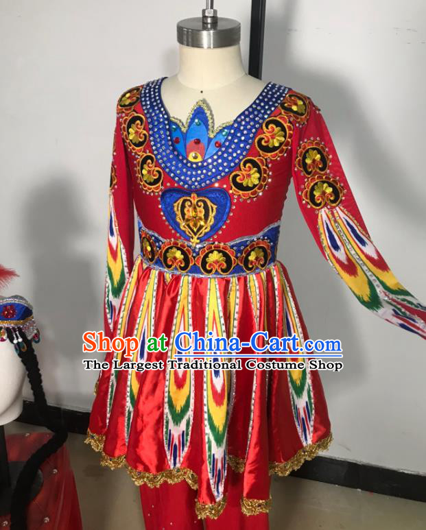 Chinese Uighur Minority Folk Dance Clothing Xinjiang Ethnic Girl Dance Costumes Uyghur Nationality Stage Performance Red Dress Outfits