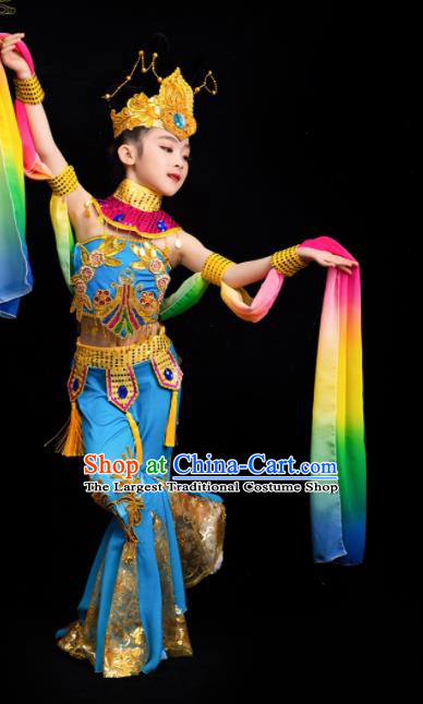 China Children Flying Apsaras Dance Blue Outfits Girl Performance Clothing Classical Dance Garment Costumes Fairy Dance Dress